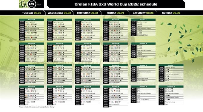13.5.2022 - Der Spielplan beim 3x3 World Cup in Antwerpen (21.-26.6.). Österreichs Männer starten am Eröffnungstag gegen Ägypten und die USA ins Turnier, die heimischen Frauen am 22.6. gegen Brasilien und ebenfalls die USA (c) FIBA3x3